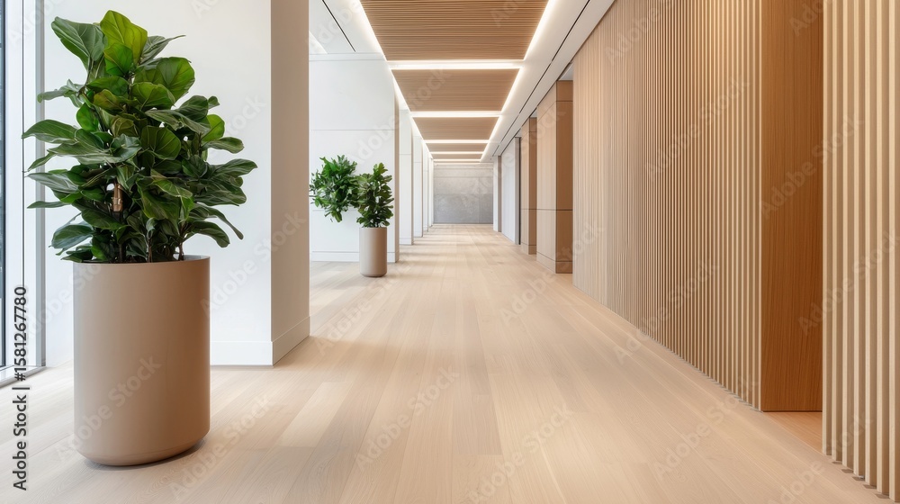 Obraz premium Modern hallway with potted plants and wood-paneled walls