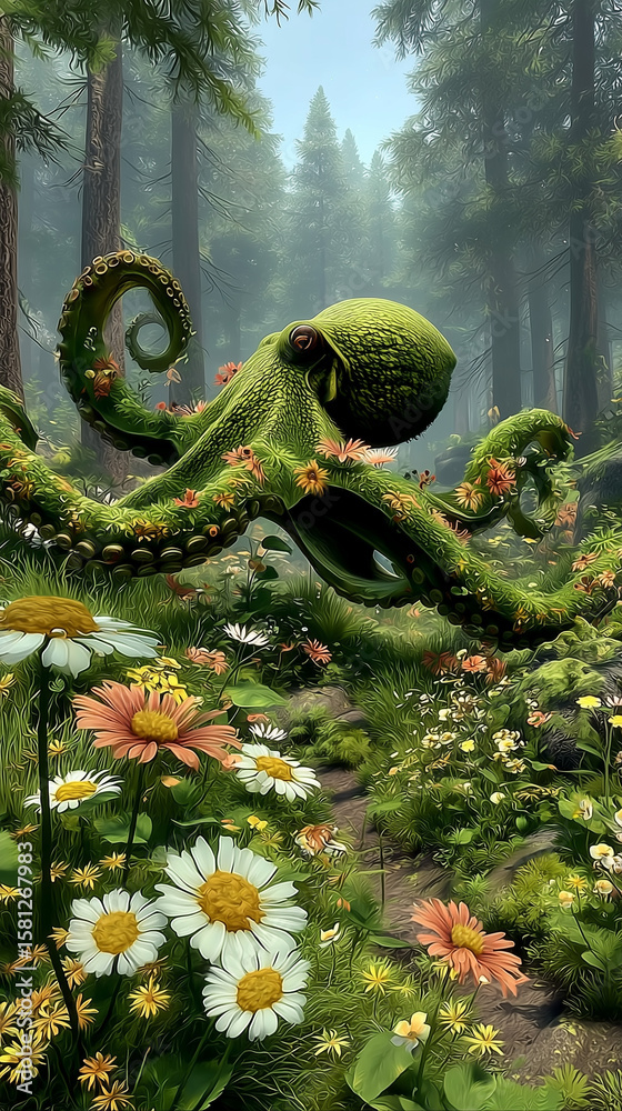 Fototapeta premium A fantastical octopus entirely made of realistic grass, moss, and small wildflowers, blending seamlessly with the lush forest environment. This eco-inspired creature features detailed textures, natura