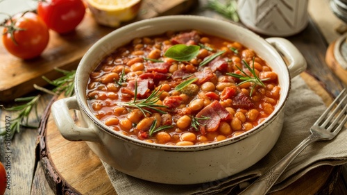 Italian Baked Beans made with white beans, turkey bacon, rosemary, crushed tomatoes.