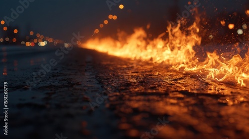 Flames stretch across the asphalt of an empty road during twilight. The wet surface reflects the fire and distant city lights, creating a dramatic atmosphere.