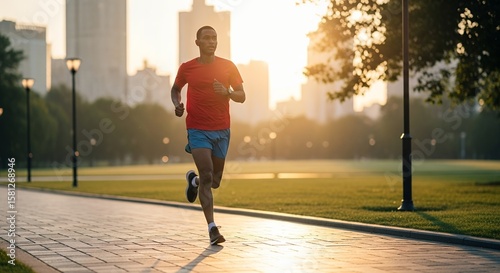 Man jogging in city park at sunrise