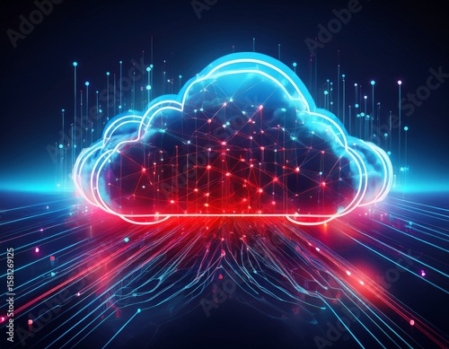 Wallpaper Mural futuristic cloudscape with glowing red and blue network connections symbolizing digital cloud infrastructure Torontodigital.ca