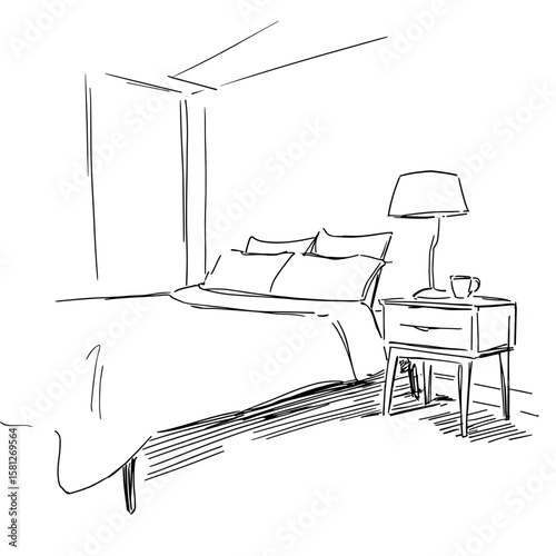  vector bedroom with bed black lines .Generative AI