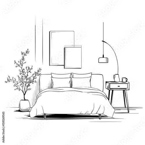  vector bedroom with bed black lines .Generative AI