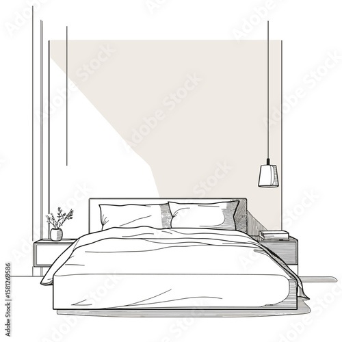  vector bedroom with bed black lines .Generative AI