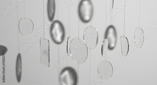 Suspended translucent shapes hanging against a white wall casting soft shadows in a minimalist style