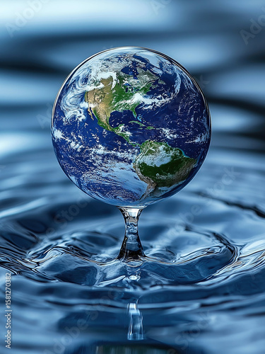 A delicate glass-like Earth rests on a single water droplet, sending ripples across the surface, symbolizing environmental balance, global impact, and sustainability
