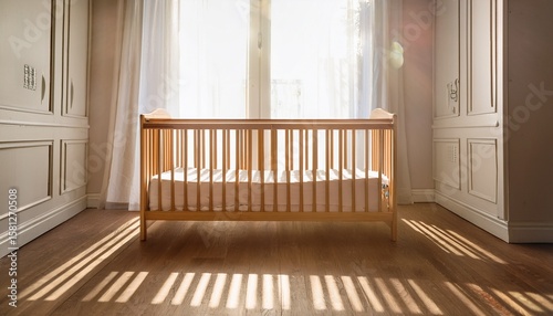 empty wooden crib in sunlit room