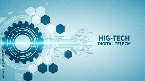 Illustration showing a gear, circuit board, and hexagon shapes on a blue background