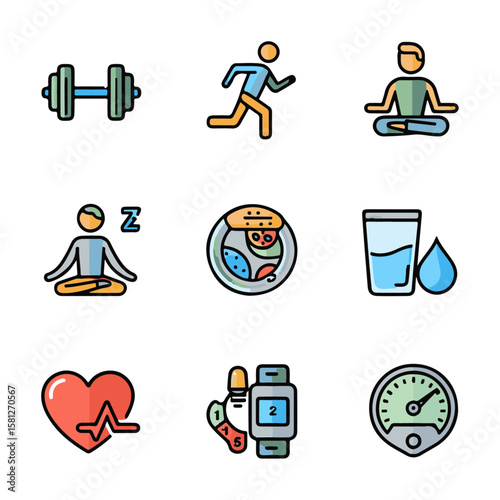 "Healthy Lifestyle Vector Icons – Fitness, Wellness & Monitoring"