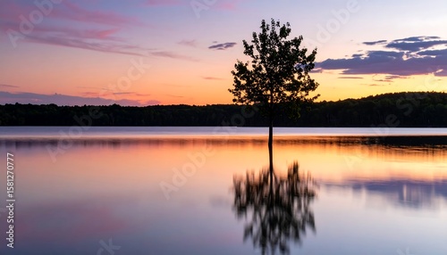 Fototapeta Naklejka Na Ścianę i Meble -  Serene sunset over a lake with a lone tree