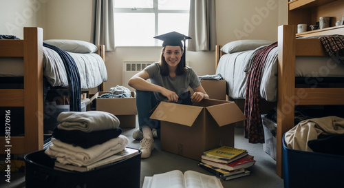 A smiling graduate unpacks a cardboard box in a dorm room, surrounded by belongings and books.