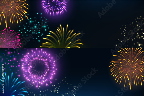 Set of vector banners with realistic multi-colored fireworks on a black background.