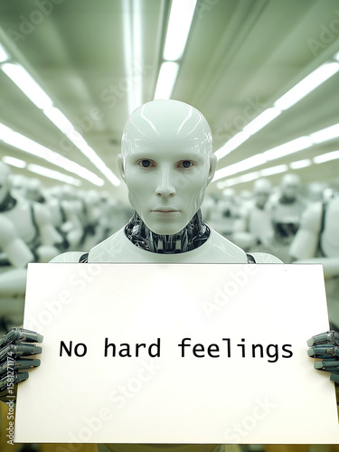 A humanoid AI agent robot worker during work displacement symbolizing agentic autonomy and automation of jobs affecting employment in the workforce because of superintelligence