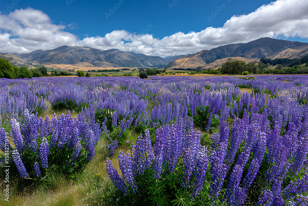 Obraz premium Vast Field of Vibrant Purple Lupine Flowers Blooming Under a Sunny Sky with Mountain Range Background