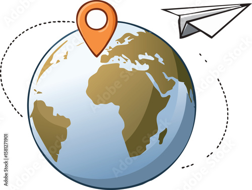 Globe with Map Pin and Flying Paper Airplane Travel Vector