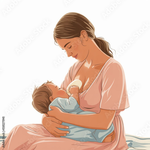 World Breastfeeding Week Breastfeeding, happy motherhood and childhood concept. Happy loving young woman mother feeding her baby with breast milk Vector illustration on white background.