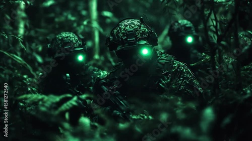 Three soldiers in camouflage uniforms with night vision goggles navigate through a dense forest. The scene is illuminated by green light from their equipment.