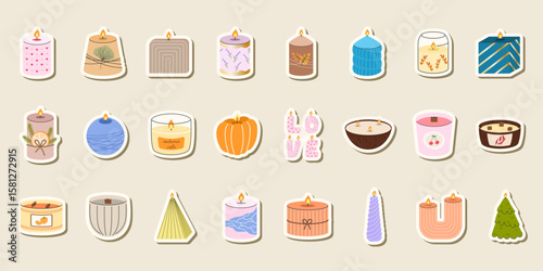 Vector Aesthetic candle clipart set of aromatic and decorative candles in jars and different forms. Perfect for autumn, winter, Christmas, or Valentines Day designs
