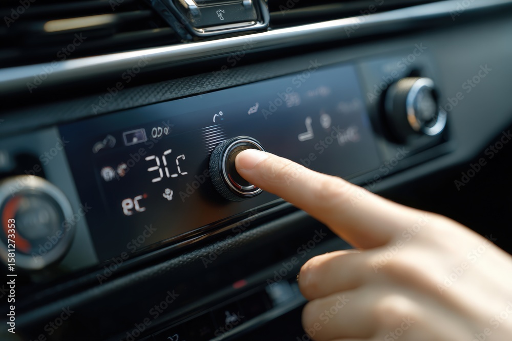 Fototapeta premium First-person view adjusting car climate control panel with LED screen and smooth buttons