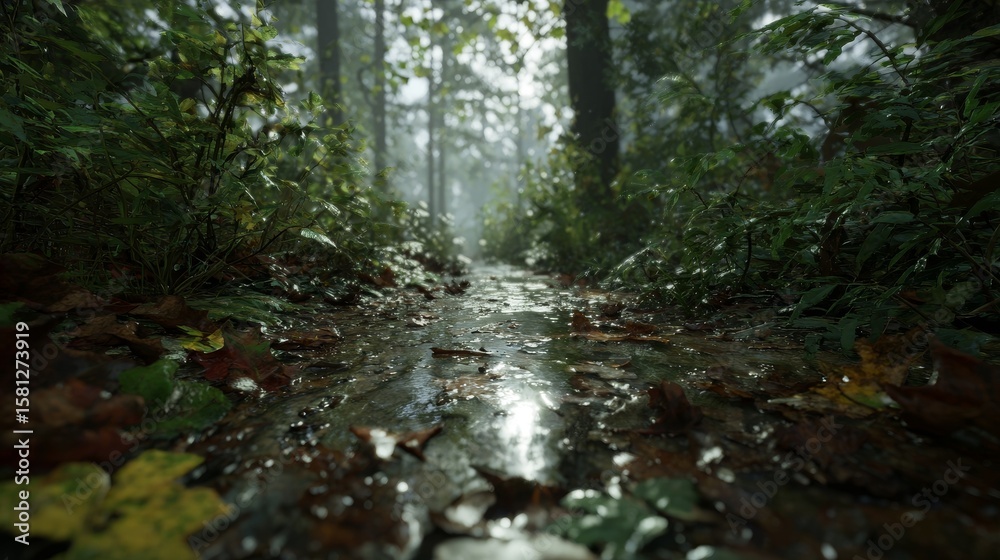 Obraz premium Photorealistic Forest Path After Rain with Wet Leaves and Reflections