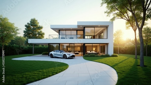 Modern white luxury residence with sleek silver sports car parked on curved driveway surrounded by lush greenery and trees