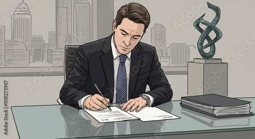 Professional businessman signing a legal contract or agreement at his desk in a modern city office.
