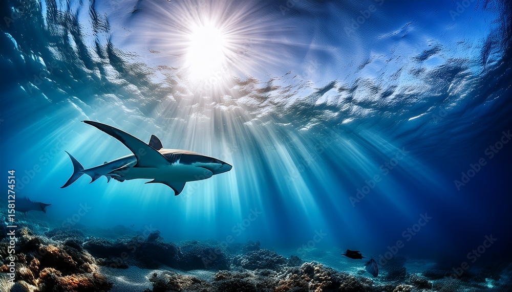 Obraz premium silhouetted shark gliding through deep ocean with dramatic light rays above