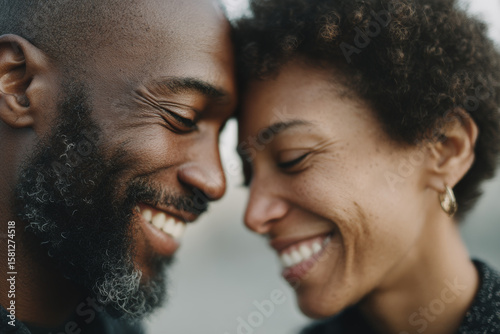 Intimate portrait of a smiling Black couple playfully nose-to-nose, capturing genuine affection and connection.