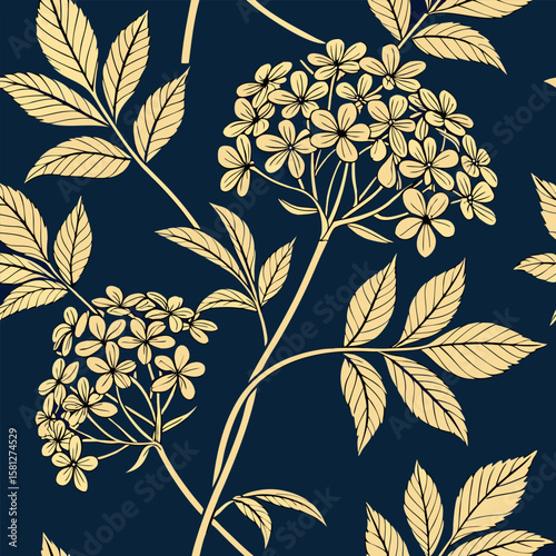 Elegant floral pattern featuring flowers and leaves in a classic navy and gold color scheme
