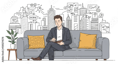 Businessman sitting on a couch, writing in a notebook, with a hand-drawn cityscape and business icons representing strategic planning.