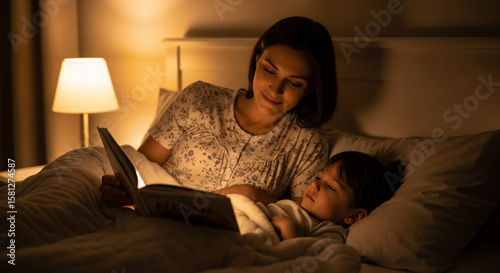 A mother reads a book to her child in a dimly lit bedroom.