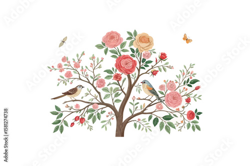 Birds rose tree vector on white background.01