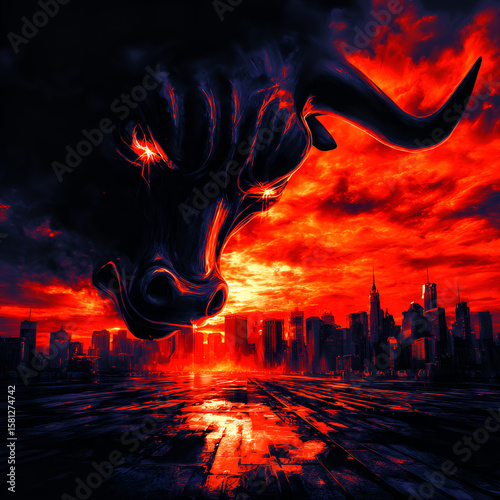 Bull run, a massive, spectral bull head made of smoke and darkness emerges ominously from swirling red and black clouds, a silhouetted modern city skyline. The bull’s glowing eyes burn with fiery red