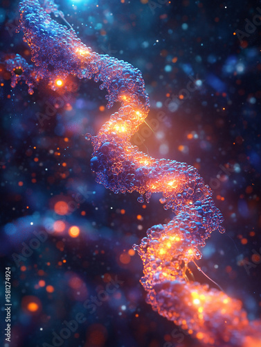 A zoomed-in view of an RNA molecule during transcription, with nucleotides actively assembling on a glowing DNA template.