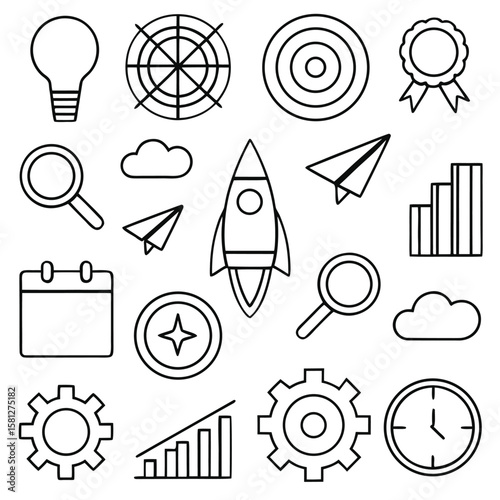 Collection of business and technology icons in a simple line drawing style