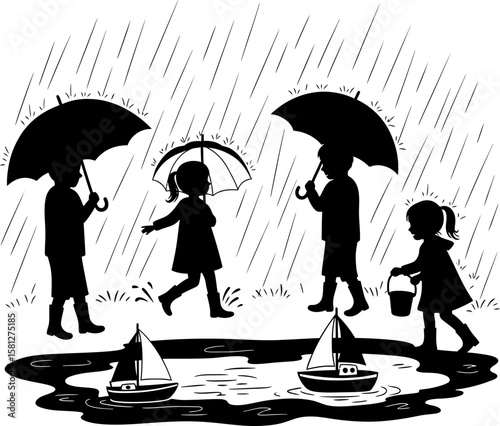 Vector art of children play in the rain isolated on white background