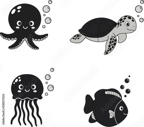 Vector art of sea creatures isolated on white background