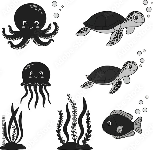 Vector art of sea animals with seaweed on white