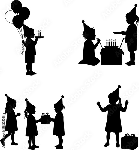 Vector art of silhouettes of kids celebrating birthday isolated on white background
