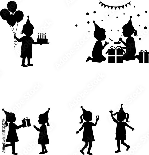 Vector art of silhouettes of kids celebrating birthday