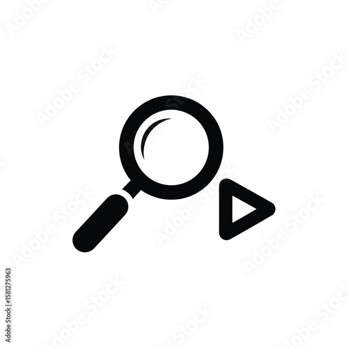 Simple black and white icon depicting a magnifying glass and a play button.