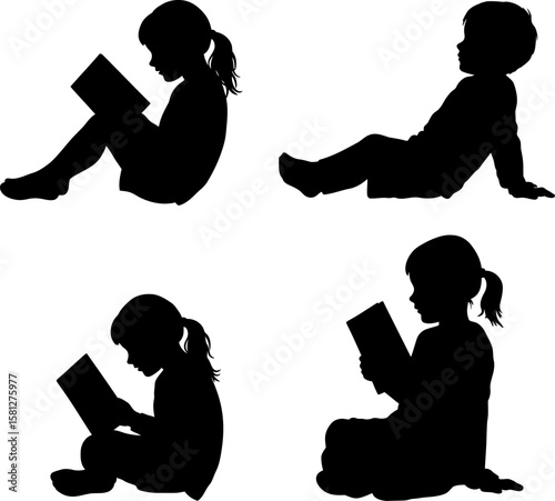 Vector art of silhouettes of children reading books