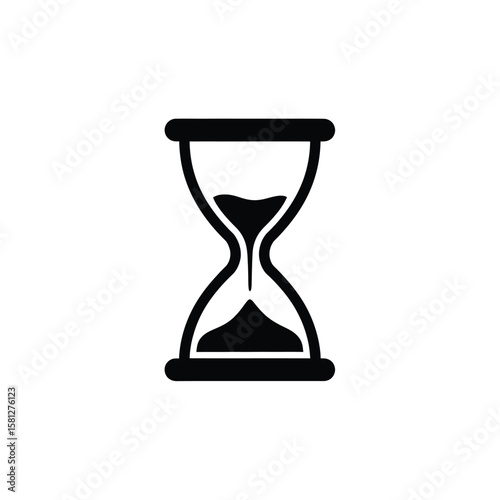 Black hourglass illustration with sand flowing, isolated on white background.