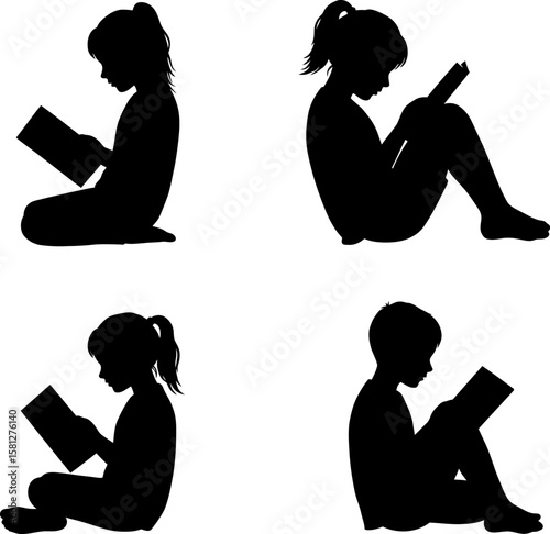 Vector art of silhouettes of children reading books