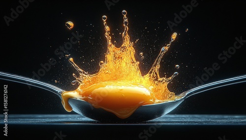 Dynamic Golden Egg Yolk Splash in Utensil on Dark Background