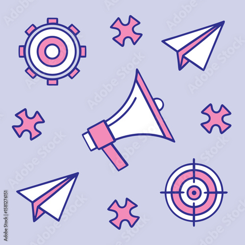 Collection of business and technology icons in a simple line drawing style