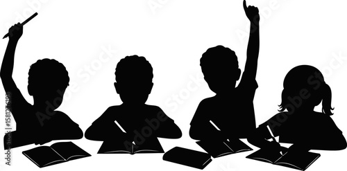 Vector art of silhouettes of children doing homework