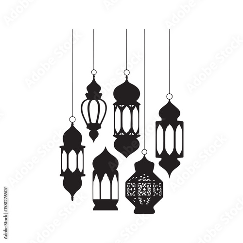 Elegant vintage gold Christmas lanterns and lamps in a cage create a festive holiday pattern with star light silhouettes, perfect for new year decoration and card design