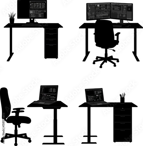 Vector art of desks and computers isolated on white background